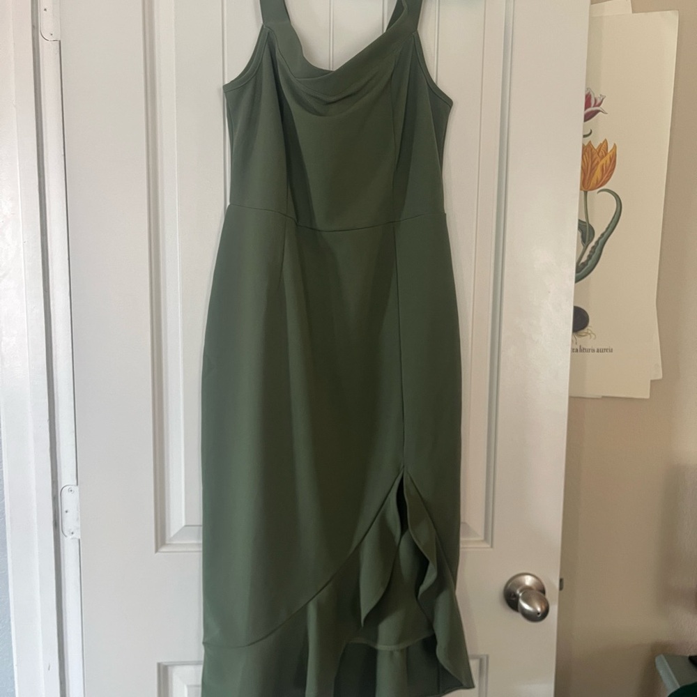 High split olive cocktail dress off shoulder: NWOT - Picture 2 of 3